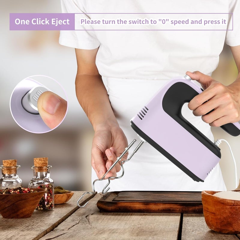 Yomelo 9-Speed Digital Hand Mixer Electric, 400W Powerful DC Motor, Hand Mixer Electric Handheld with Snap-On Storage Case, 5 Stainless Steel Accessories, Beaters, Dough Hooks, Whisk(Purple/Black) - Image 5